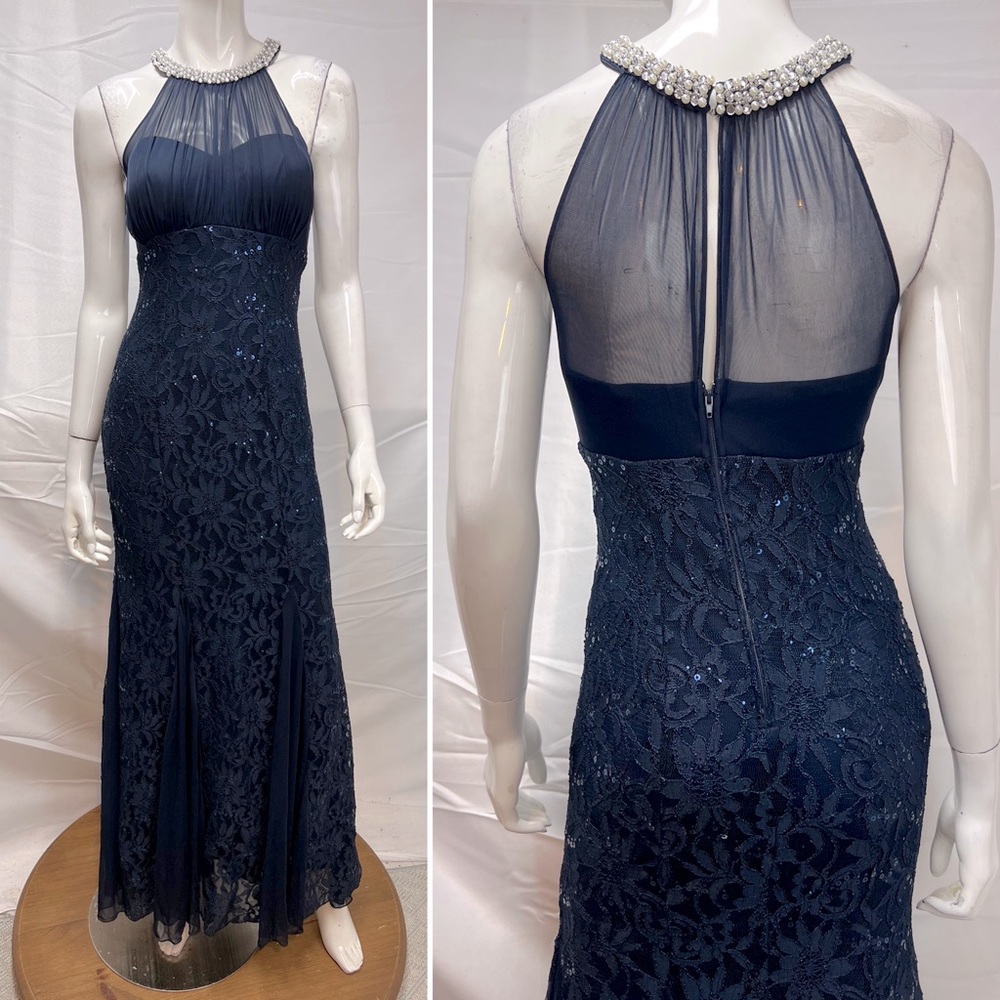 Eureka Los Angeles Navy Blue Pearl Beaded Halter Sequins Long Gown XS Dress